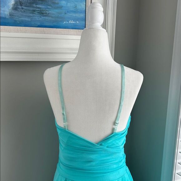 Vintage Necessary Objects Turquoise Faux Wrap Mesh Formal Midi Dress - Picture 7 of 15